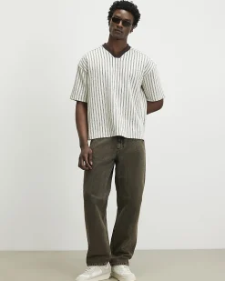 Cream Oversized Cotton V Neck Striped T-Shirt