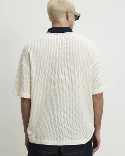 Cream Oversized Fit Stripe Crochet Polo Shirt