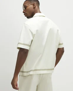Cream Palm Tree Embroidered Cotton Shirt