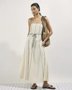 Cream Piped Belted Midi Dress