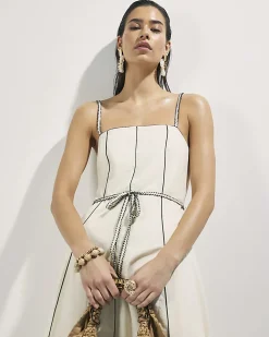 Cream Piped Belted Midi Dress