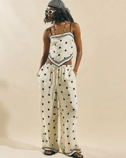 Cream Polka Dot Print Wide Leg Trousers