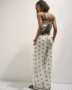 Cream Polka Dot Print Wide Leg Trousers