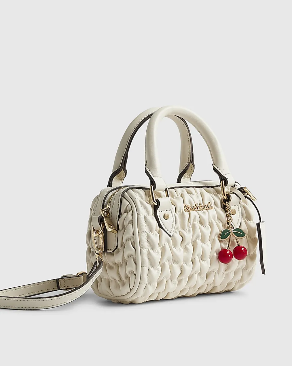 Cream Ruched Cherry Charm Mini Bowler Bag