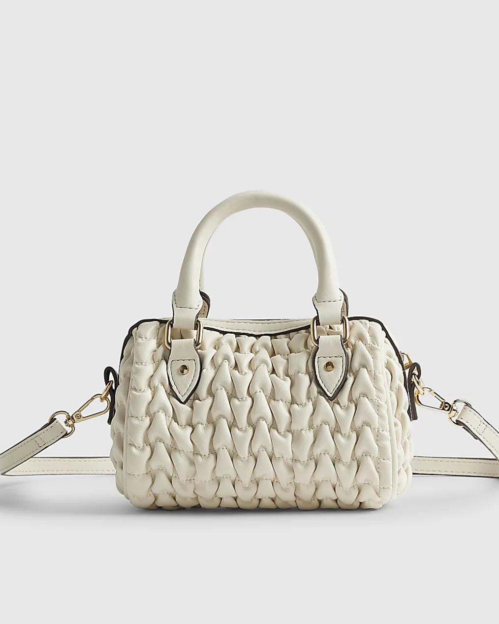 Cream Ruched Cherry Charm Mini Bowler Bag