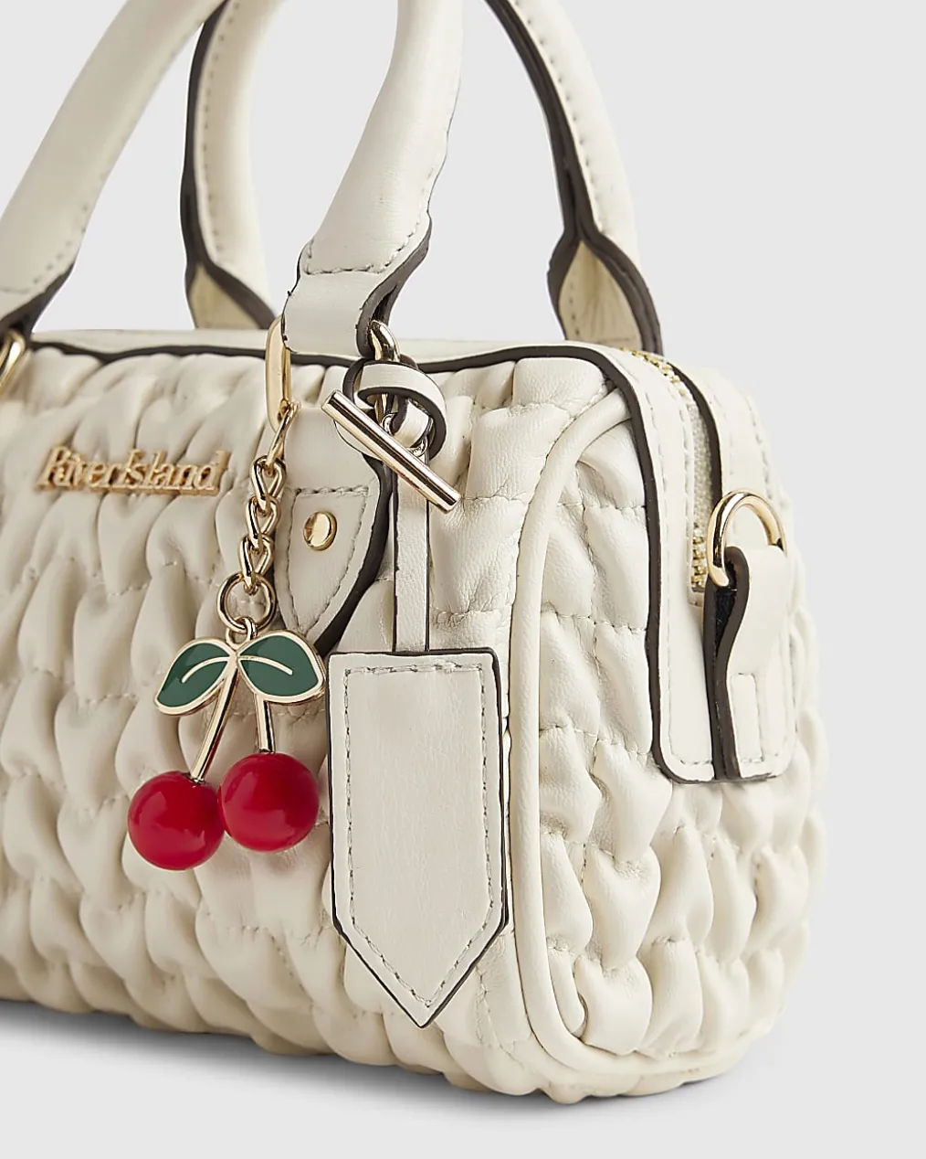 Cream Ruched Cherry Charm Mini Bowler Bag