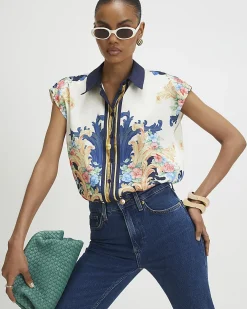 Cream Satin Printed Boxy Shirt