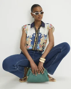 Cream Satin Printed Boxy Shirt