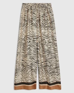 Cream Satin Zebra Print Wide Leg Trousers