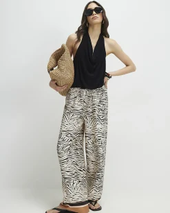 Cream Satin Zebra Print Wide Leg Trousers