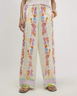 Cream Sea Life Print Wide Leg Trousers