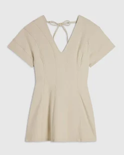 Cream Seamed Short Sleeve Denim Dress