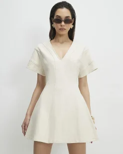 Cream Seamed Short Sleeve Denim Dress