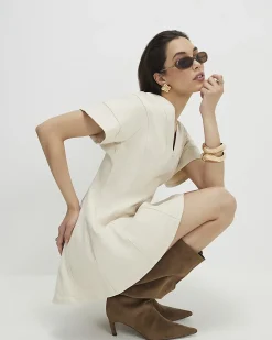 Cream Seamed Short Sleeve Denim Dress