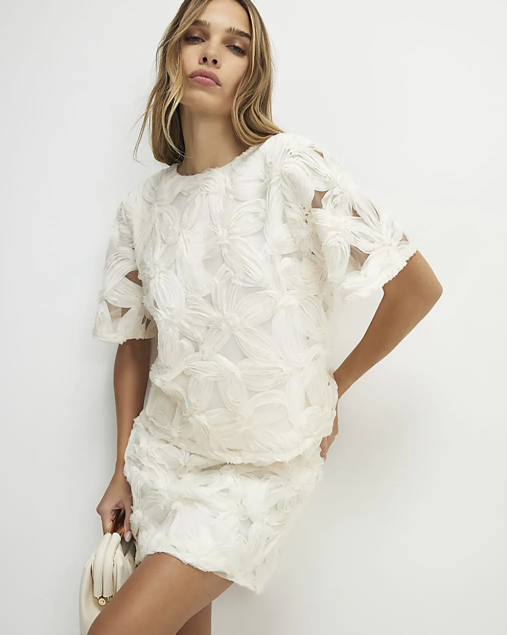Cream Short Sleeve 3D Floral Top