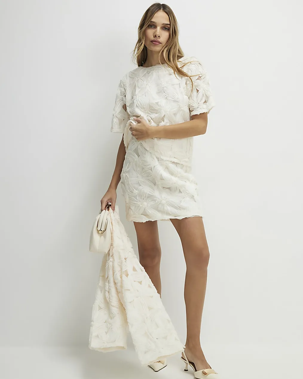 Cream Short Sleeve 3D Floral Top