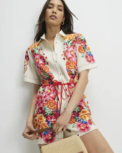 Cream Short Sleeve Floral Collared Playsuit