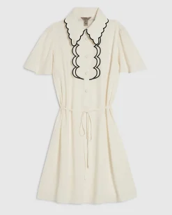 Cream Short Sleeve Scallop Trim Shirt Dress