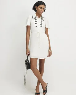 Cream Short Sleeve Scallop Trim Shirt Dress