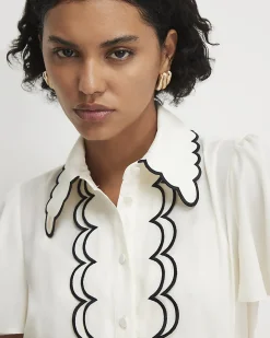 Cream Short Sleeve Scallop Trim Shirt Dress