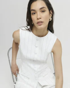 Cream Sleeveless Striped Longline Waistcoat
