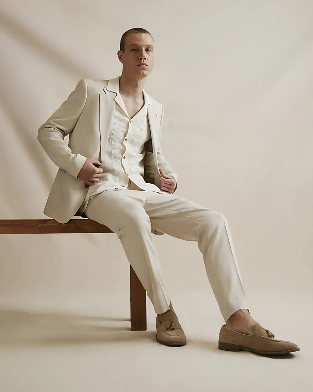 Cream Slim Fit Linen Blend Suit Trousers