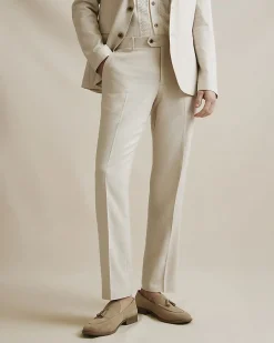 Cream Slim Fit Linen Blend Suit Trousers