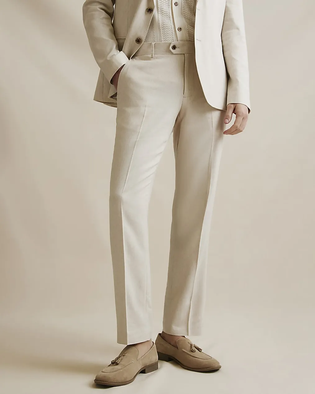 Cream Slim Fit Linen Blend Suit Trousers
