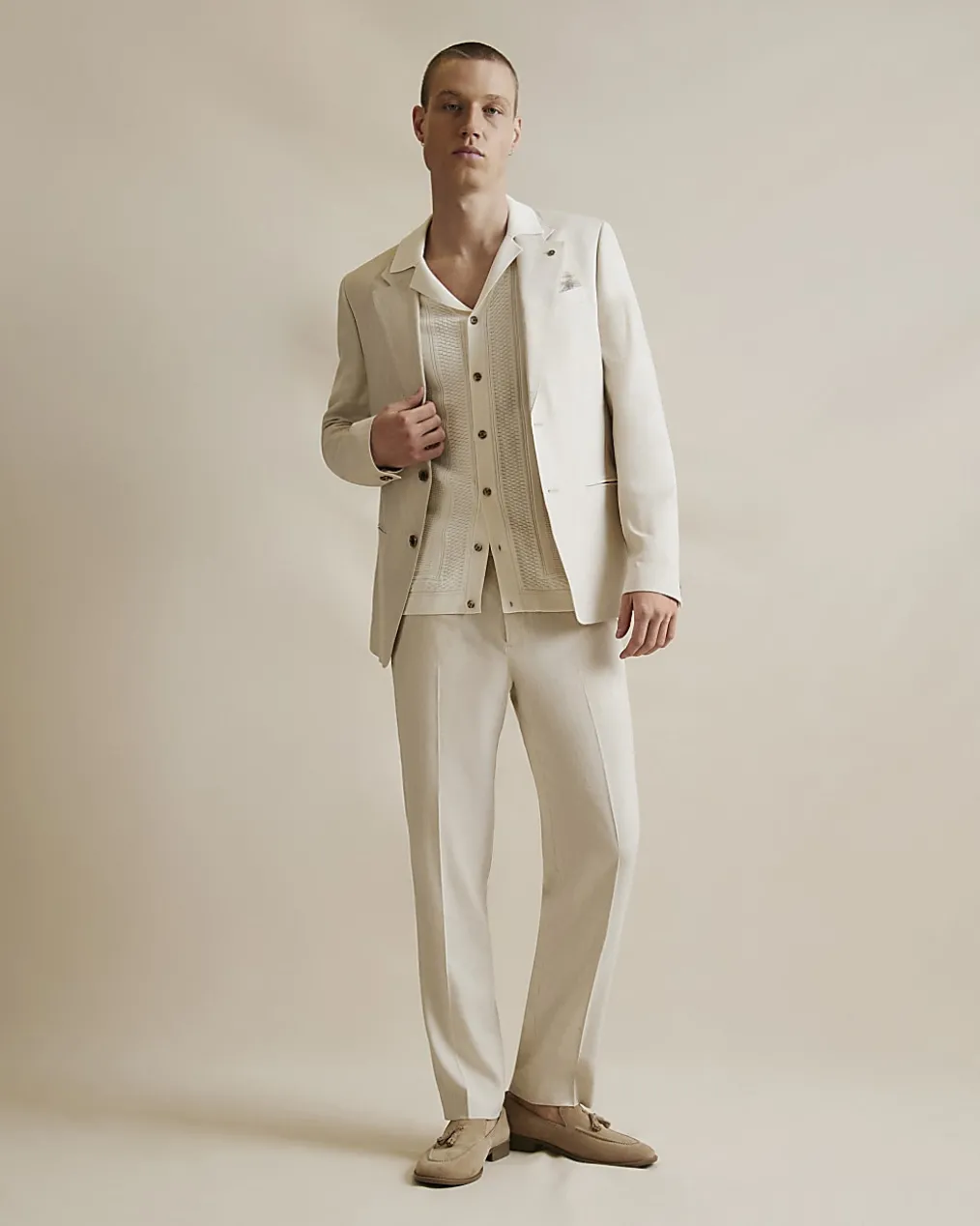 Cream Slim Fit Linen Blend Suit Trousers