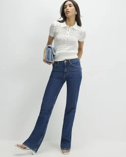 Cream Stitched Knit Polo Top
