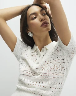 Cream Stitched Knit Polo Top