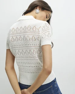 Cream Stitched Knit Polo Top