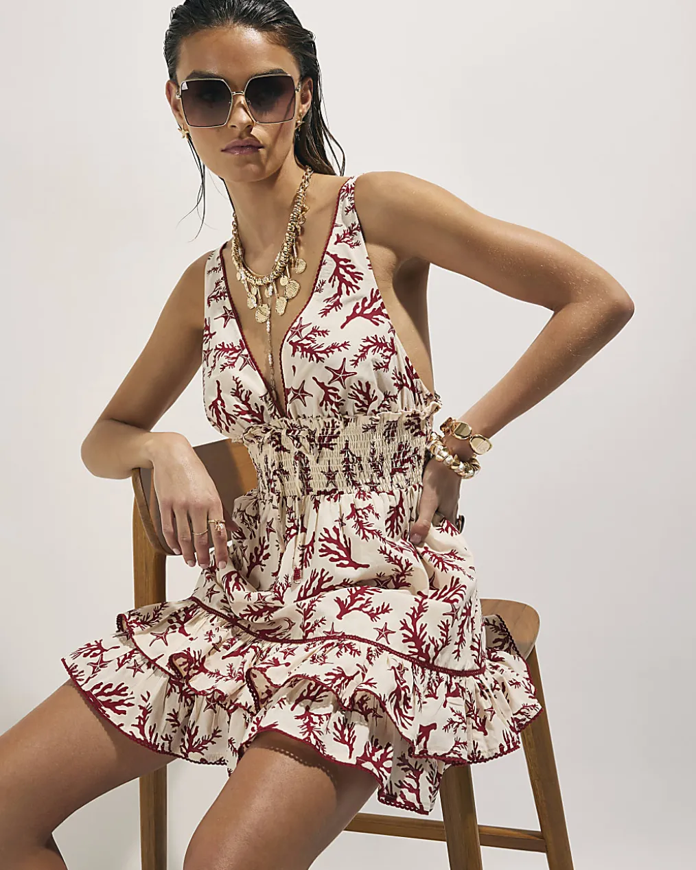 Cream Strappy Coral Print Mini Beach Dress
