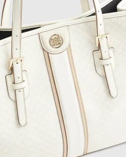 Cream Stripe Monogram Shopper Bag