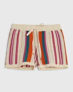 Cream Striped Crochet Shorts
