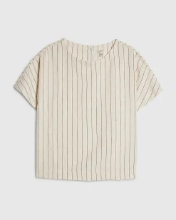 Cream Striped Linen Blend T-Shirt