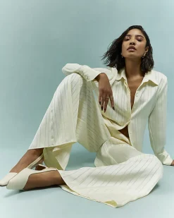 Cream Striped Satin Long Sleeve Shirt