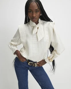 Cream Striped Tie Neck Blouse