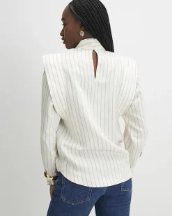 Cream Striped Tie Neck Blouse