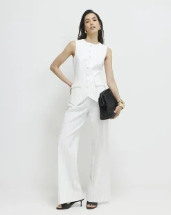 Cream Striped Wide Leg Trousers