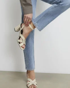Cream Studded Scallop Edge Block Heel Sandals