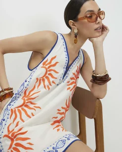 Cream Sun Embroidered Border Mini Dress