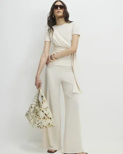 Cream Textured Wide Leg Trousers