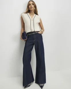 Cream Tipped Zip Through Sleeveless Cardigan
