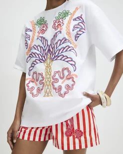 Cream Tropical Embroidered T-shirt