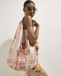 Cream Wood Handle Printed Slouch Bag