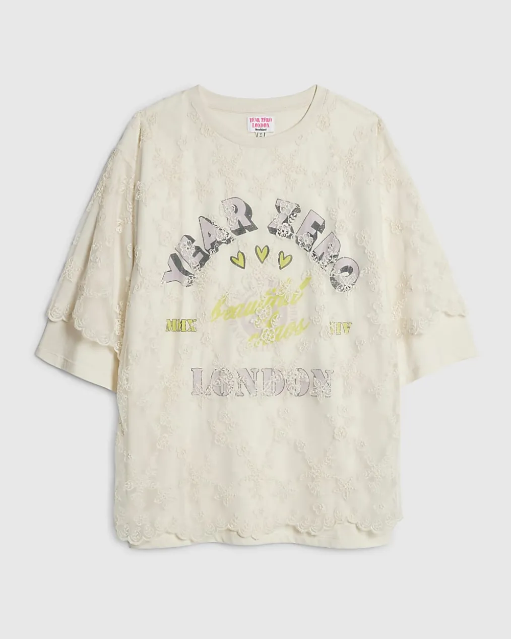 Cream Year Zero Lace Overlay T-Shirt