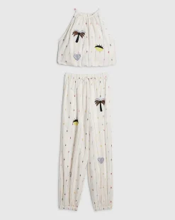 Girls Beige Stripe Hareem Top Set