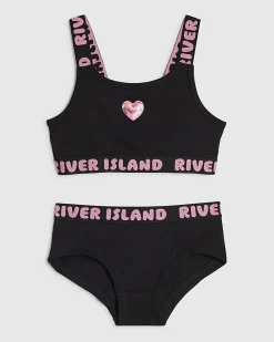 Girls Black Strappy Crop Top And Brief Set