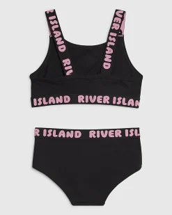 Girls Black Strappy Crop Top And Brief Set